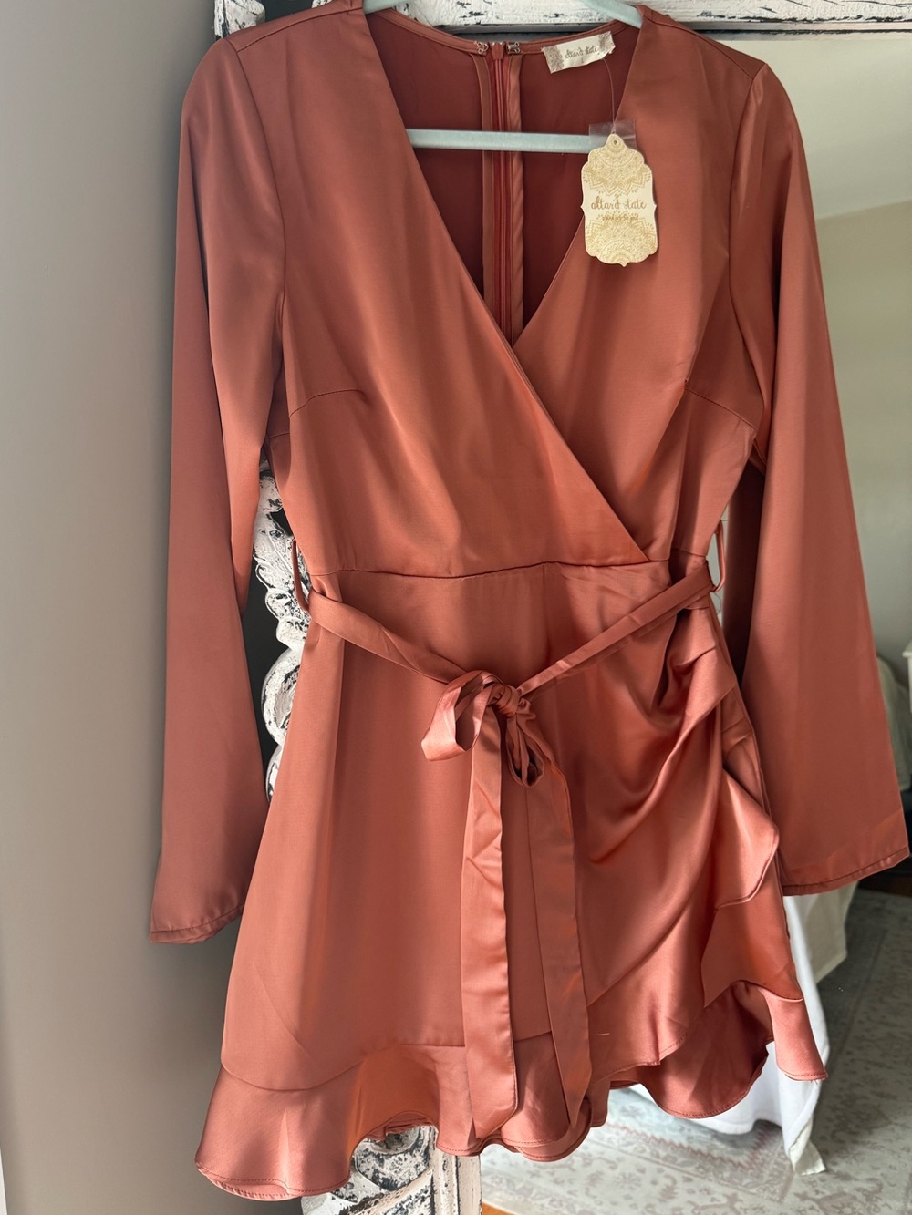 Altar’d State Rust Wrap Satin Romper with Tie Waist NWT